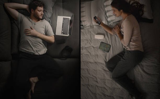 Couple talking by video conference.